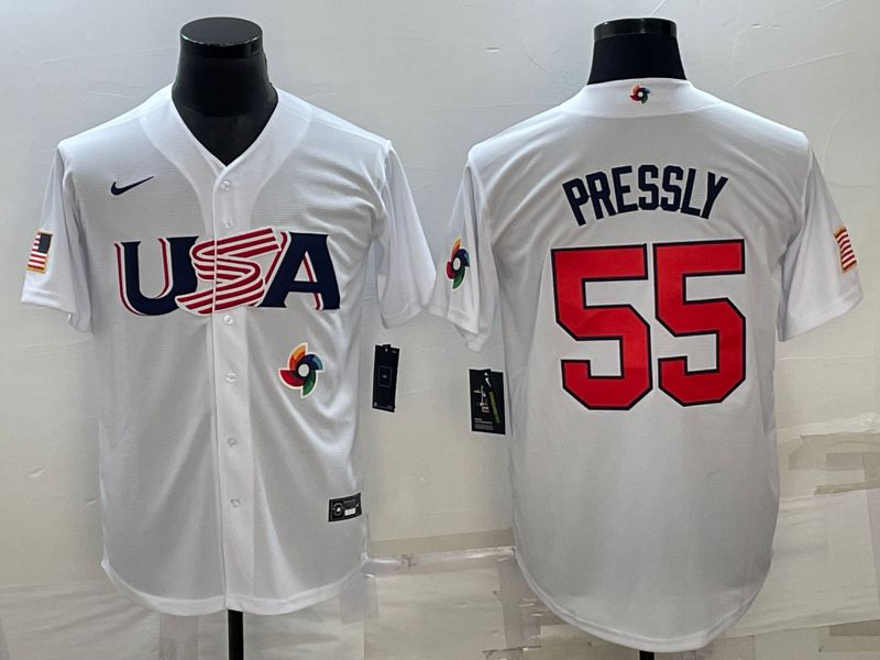 Men 2023 World Cub USA #55 Pressly White Nike MLB Jersey8->more jerseys->MLB Jersey